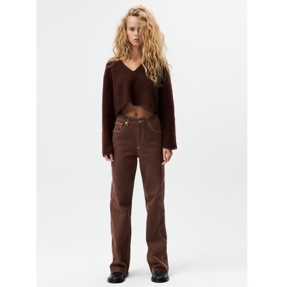 Zara High Rise Wide Leg Brown Denim Jeans With Wavy Stitching - 4 - Picture 3 of 10